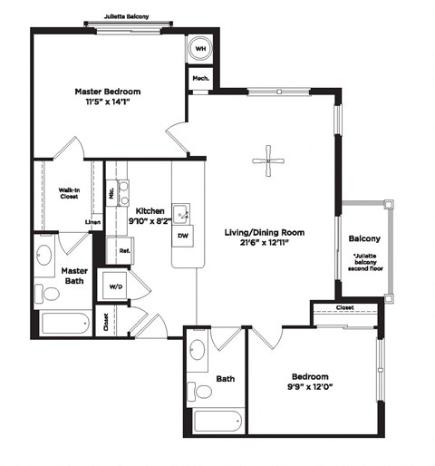 Floor plan for 2 beds, 2 baths, 947 sqft